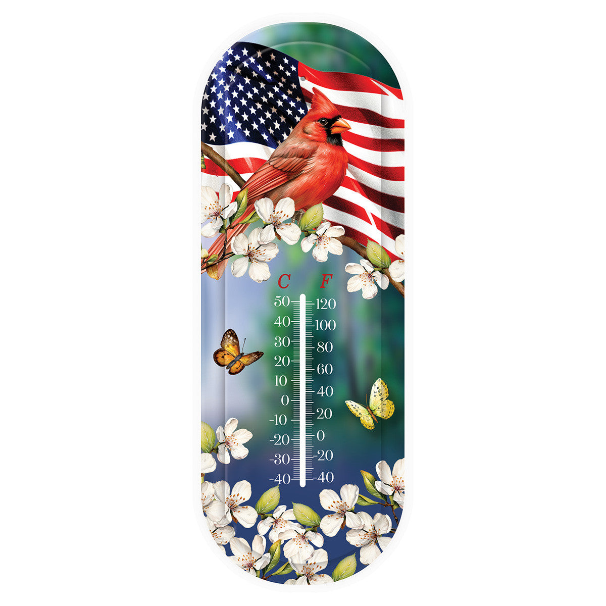 Briarwood Lane American Cardinal metal thermometer with a red cardinal, American flag, white blossoms, and butterflies.