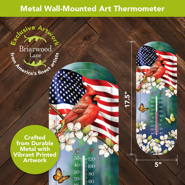American Cardinal metal thermometer dimensions graphic showing 17.5 inches tall by 5 inches wide.