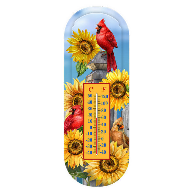 Briarwood Lane metal thermometer with red and tan cardinals, yellow sunflowers, and a Celsius and Fahrenheit scale.