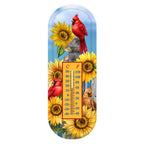 Briarwood Lane metal thermometer with red and tan cardinals, yellow sunflowers, and a Celsius and Fahrenheit scale.