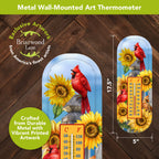 Briarwood Lane cardinals and sunflowers metal thermometer with dimensions shown as 17.5 inches tall by 5 inches wide.