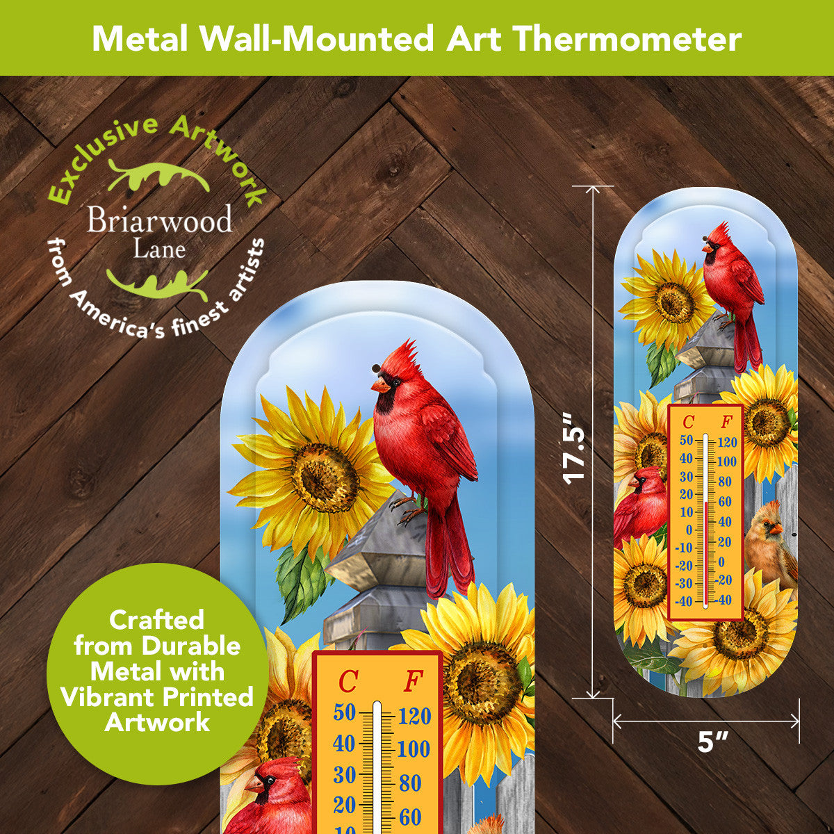 Briarwood Lane cardinals and sunflowers metal thermometer with dimensions shown as 17.5 inches tall by 5 inches wide.