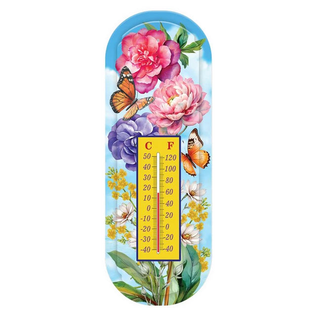 Briarwood Lane metal thermometer with pink and purple peonies, orange butterflies, and a yellow Celsius and Fahrenheit scale.