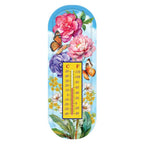 Briarwood Lane metal thermometer with pink and purple peonies, orange butterflies, and a yellow Celsius and Fahrenheit scale.
