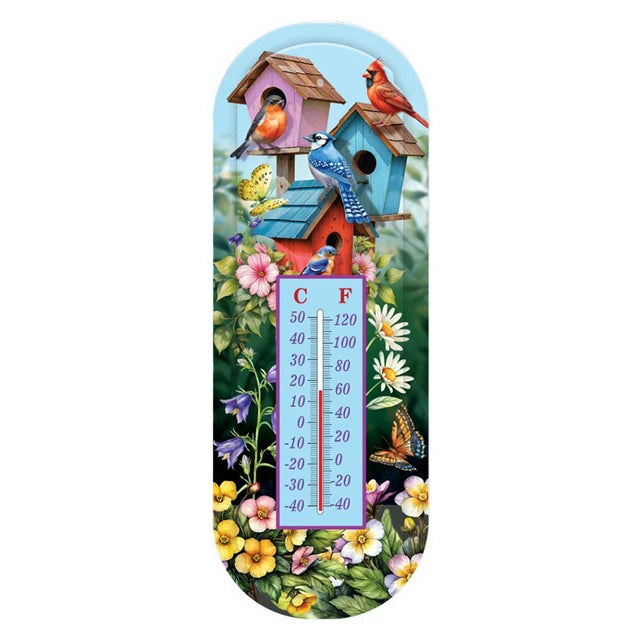 Metal thermometer featuring colorful birdhouses, songbirds, butterflies, flowers, and Celsius and Fahrenheit scales.
