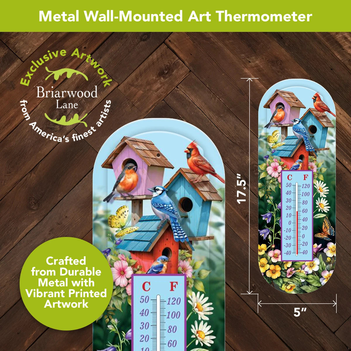 Briarwood Lane birdhouse metal thermometer with a size diagram showing 17.5 inches tall by 5 inches wide.