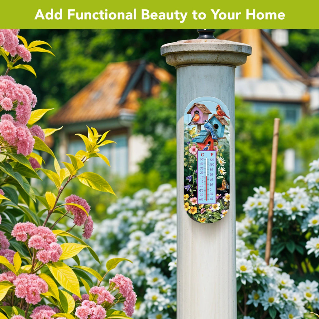Birdhouse and songbird thermometer mounted on a white garden post surrounded by pink and white flowers.