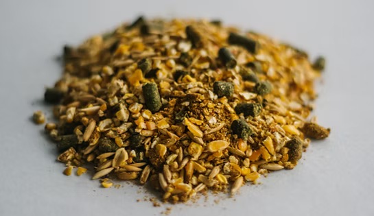 Close-up of Hillsboro dairy cow textured feed with mixed grains and pellets.