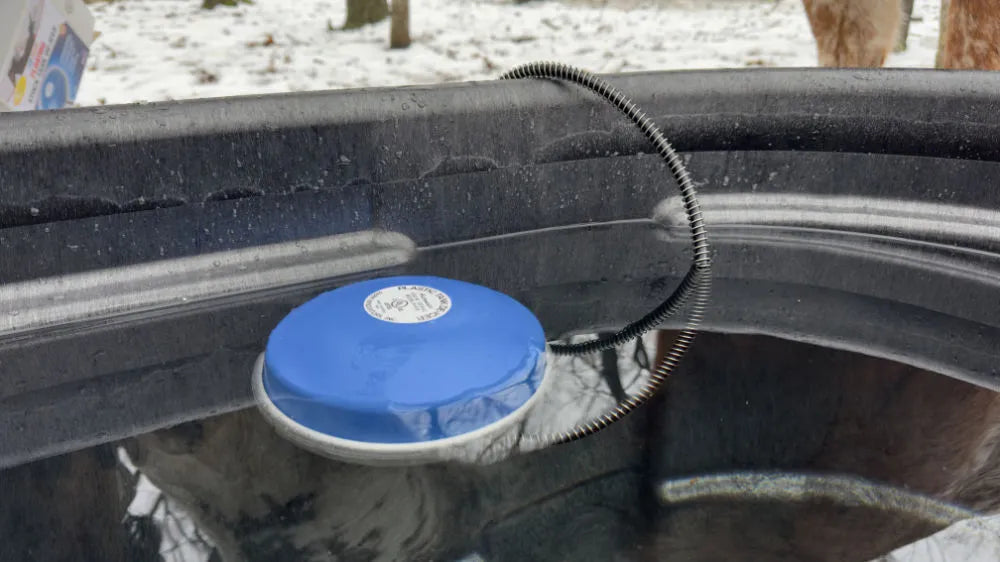 Ice-N-Easy floating de-icer with anti-chew cord protector floating in a livestock water tank