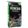Backwoods Genesis food plot seed in a black and green 50 lb bag featuring a hunter and buck.

