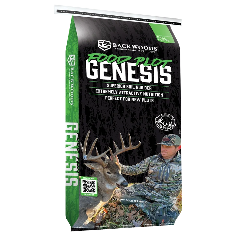 Backwoods Genesis food plot seed in a black and green 50 lb bag featuring a hunter and buck.

