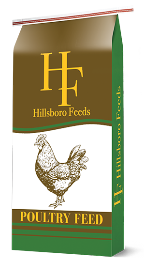 Hillsboro Feeds poultry feed bag with a chicken illustration and green, white and brown packaging.
