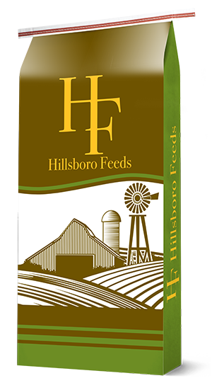 Hillsboro Feeds bag with a barn, silo and windmill illustration on green, white and brown packaging.