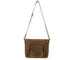 Aged leather satchel bag with front flap pocket and zip closure