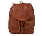 Brown leather backpack with drawstring top closure and stitched accents