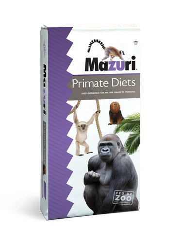 White and purple Mazuri Primate Diets bag featuring illustrations of a gorilla and other primates