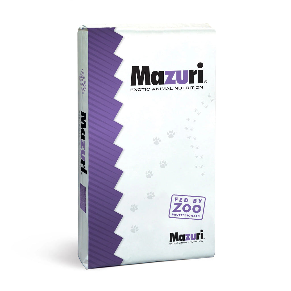 White and purple Mazuri Exotic Animal Nutrition feed bag with Fed by Zoo Professionals logo