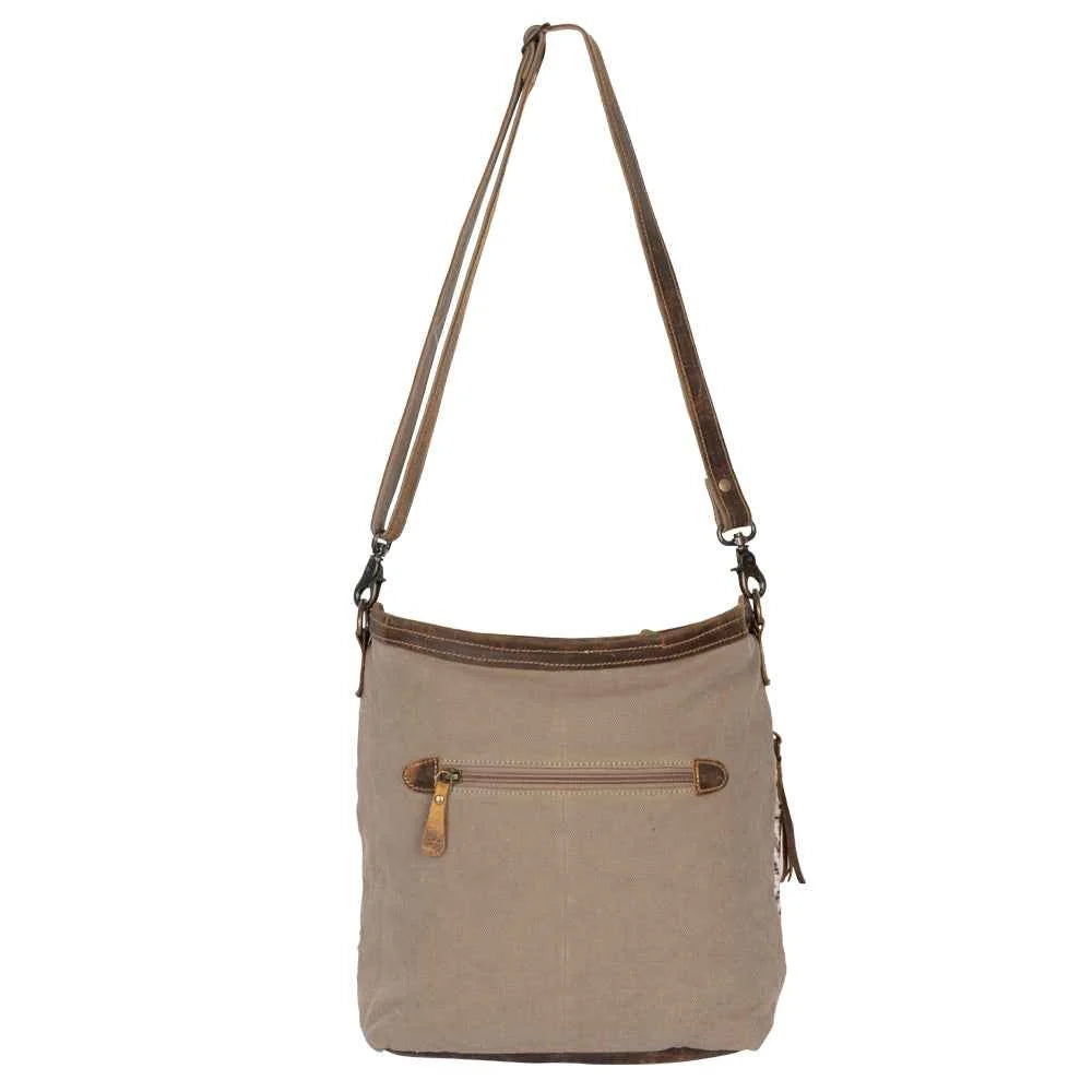 Back view of Myra Blending Taste Aztec Shoulder Bag with neutral canvas and exterior zipper pocket