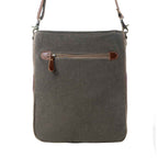 Back view of Myra Blossom Print Shoulder Bag with gray upcycled canvas and exterior zipper pocket