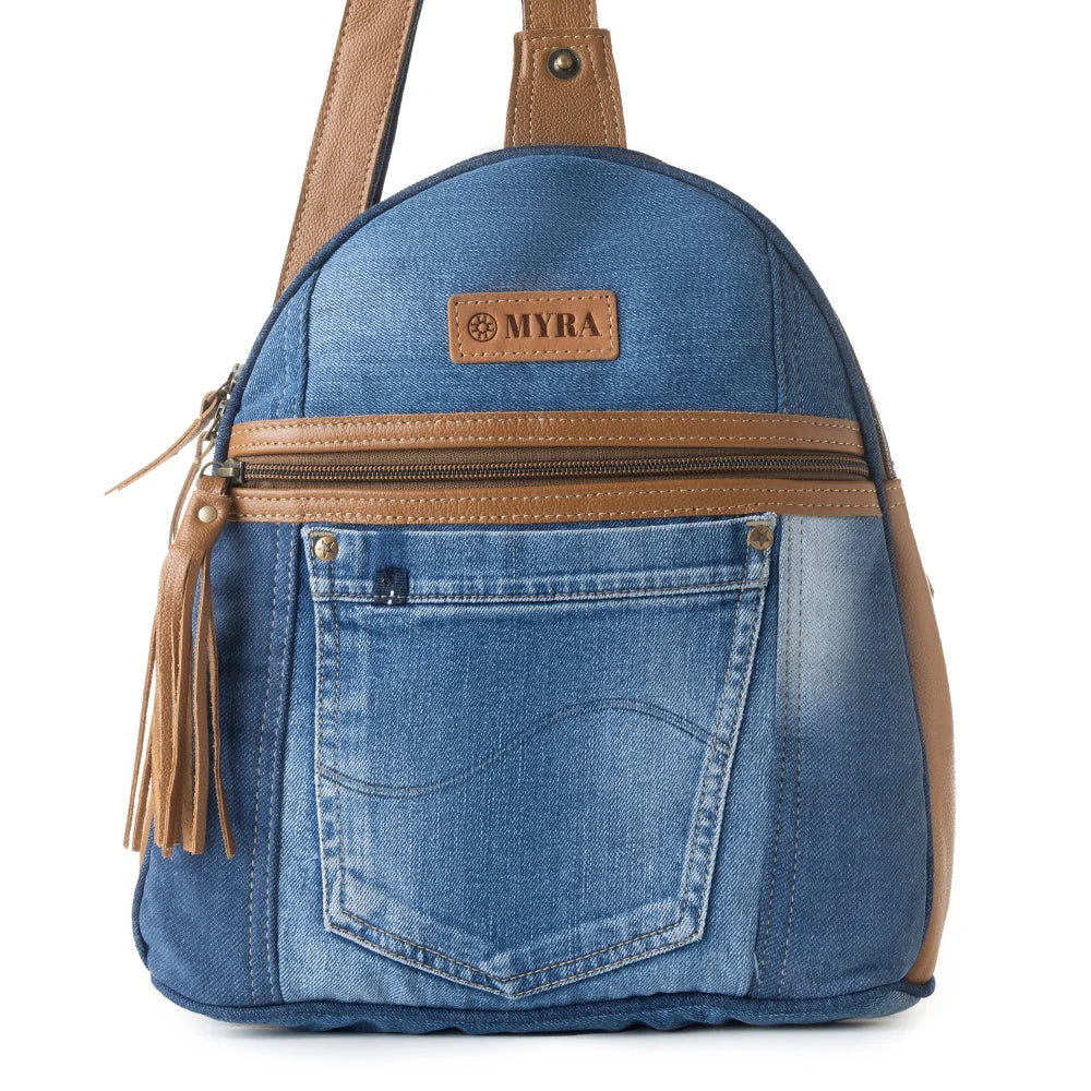 Myra Bluejean denim fanny pack S-14543 featuring blue jean front pocket and genuine leather accents from DeKalb Farmers Co-op