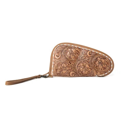 Myra Bronzefall Handtooled Leather Gun Case in Saddle Tan with detailed Western floral tooling and wristlet strap.
