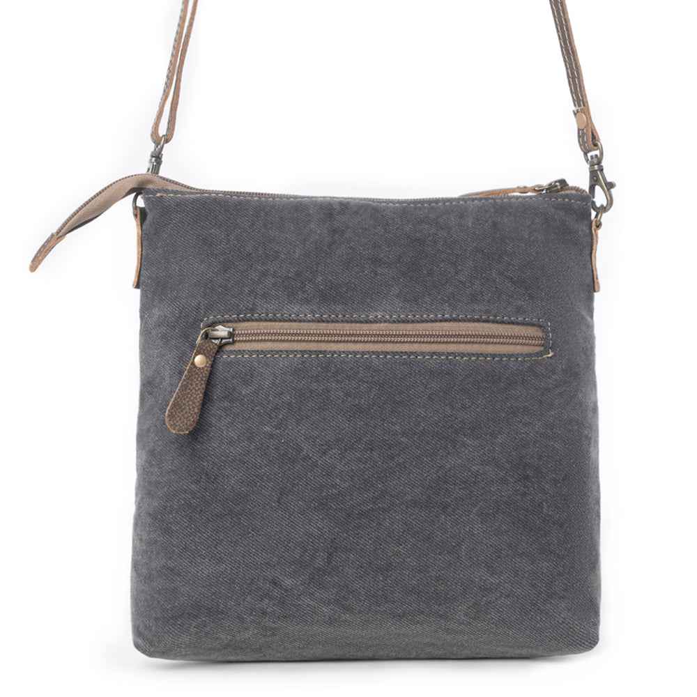 Back view of Myra Coffee Canvas Crossbody Bag with dark gray canvas and exterior zipper pocket