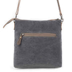 Back view of Myra Coffee Canvas Crossbody Bag with dark gray canvas and exterior zipper pocket