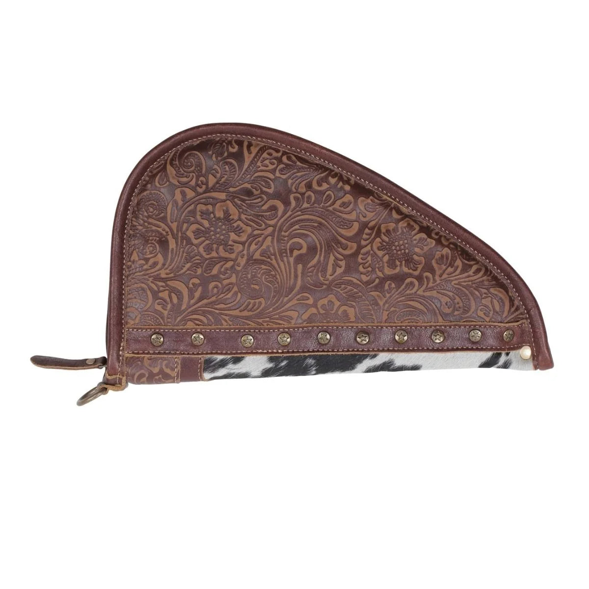 Back view of Myra Cyanotype 11 inch gun cover with tooled brown leather and hairon detail