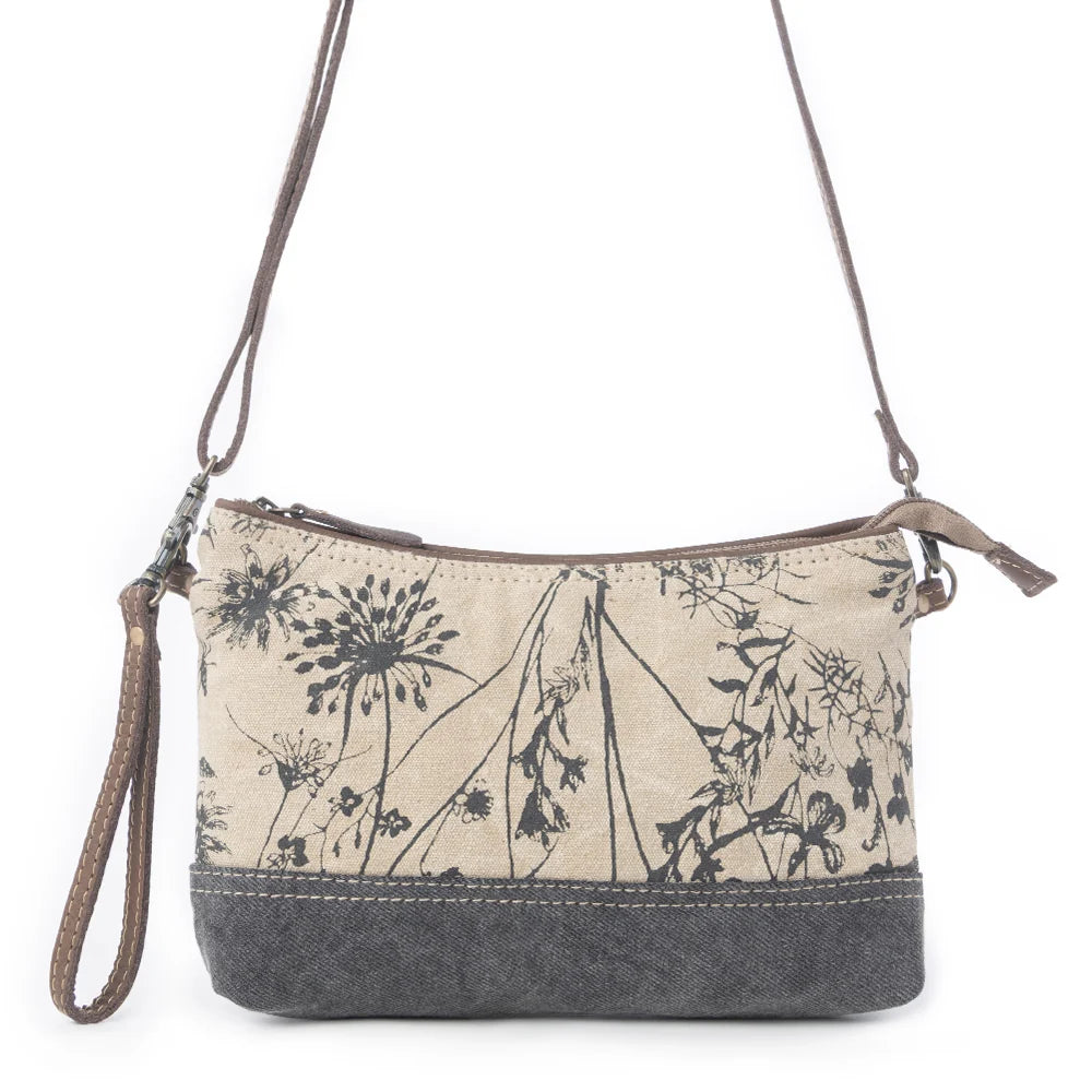 Myra Dainty Delight small floral canvas crossbody bag with genuine leather details