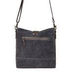 Back view of Myra Debonair Floral Shoulder Bag with dark upcycled canvas and exterior zipper pocket