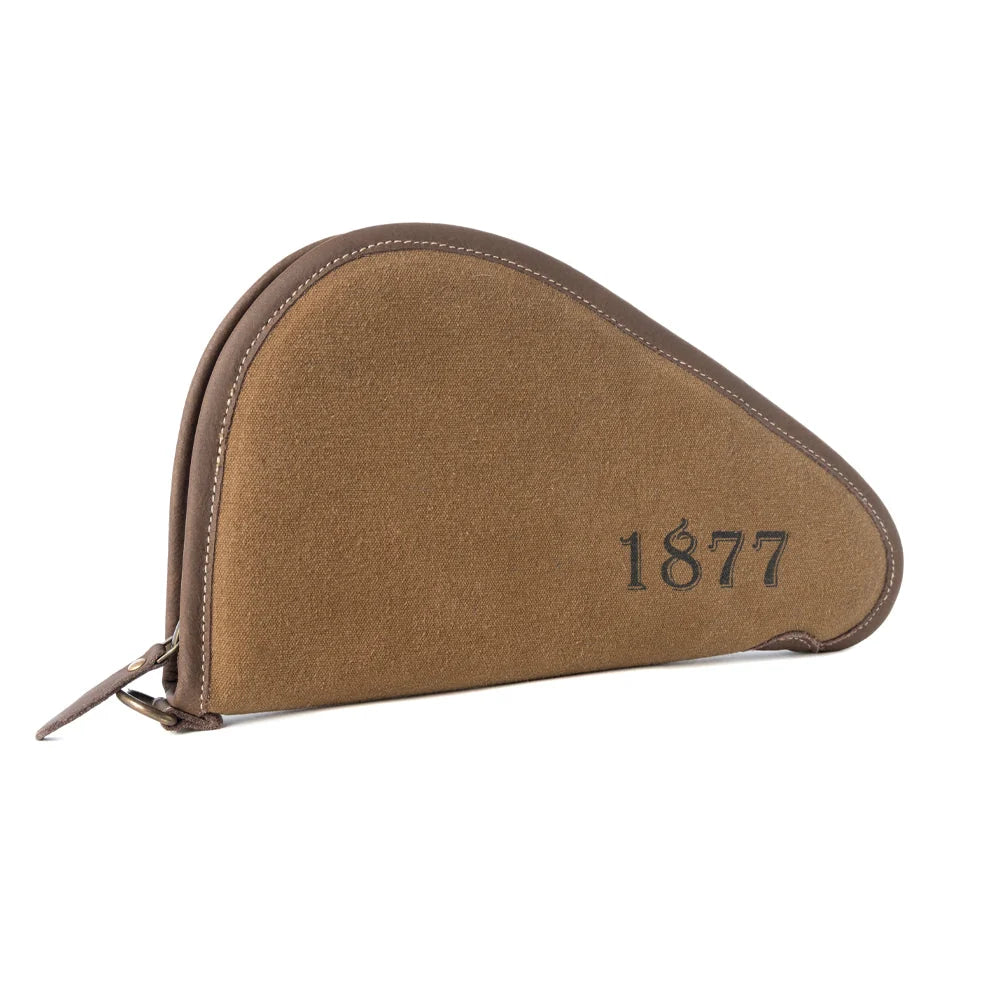 Angled view of Myra Frontier Mark Antique Olive cotton and leather gun case with 1877 graphic
