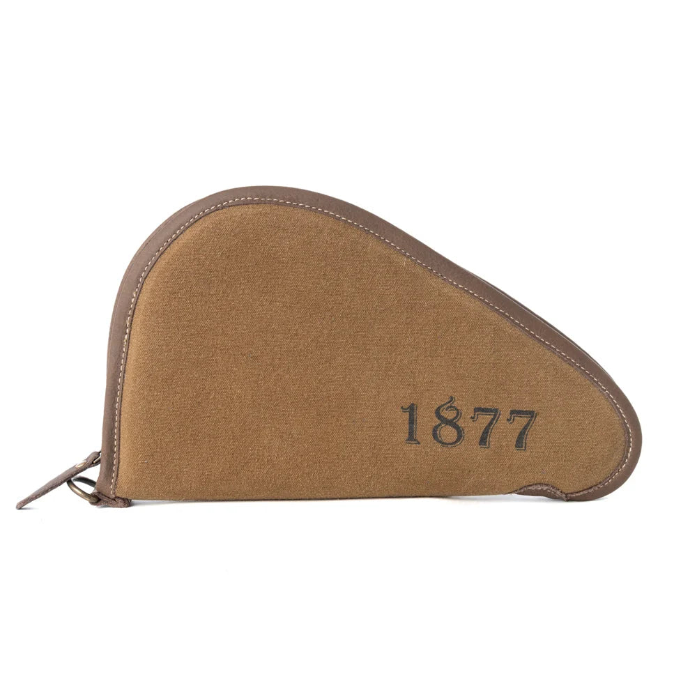 Front view of Myra Frontier Mark Western cotton and leather gun case in Antique Olive with 1877 graphic