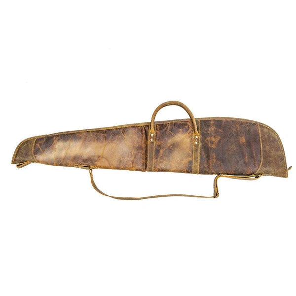 Back view of Myra Hunter leather gun case with top handles and shoulder strap