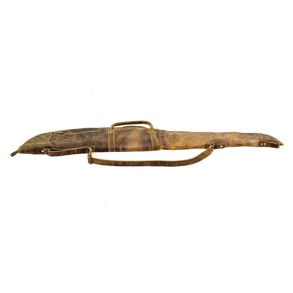 Side view of Myra Hunter leather rifle case with carrying handles and shoulder strap