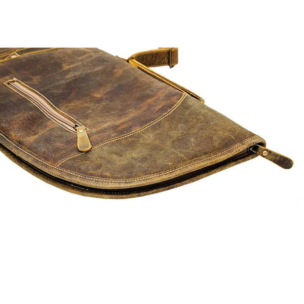 Close-up of Myra Hunter genuine leather gun case with exterior zipper pocket