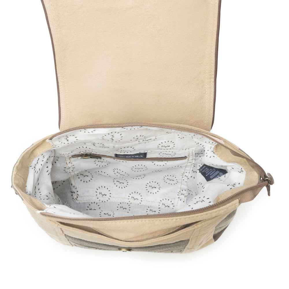 Interior view of Myra Leather Star Shoulder Bag with patterned cotton lining and interior zipper pocket