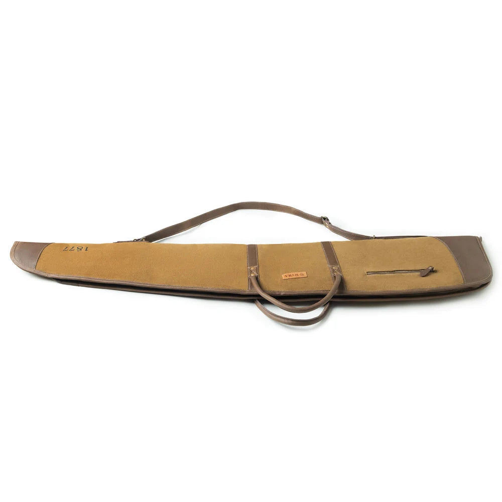 Full view of Myra Long Range Antique Olive rifle case with handles and shoulder strap