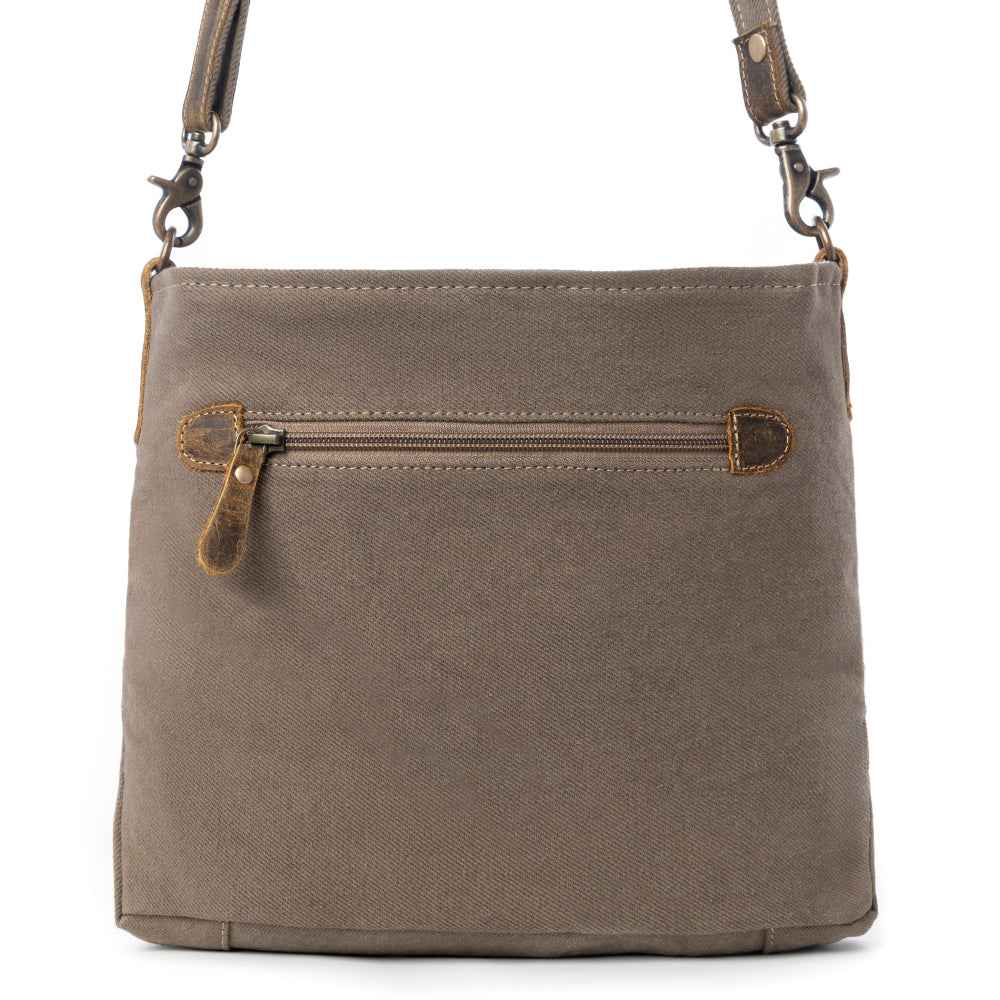 Back view of Myra Precision Crossbody Bag with gray upcycled canvas and exterior zipper pocket