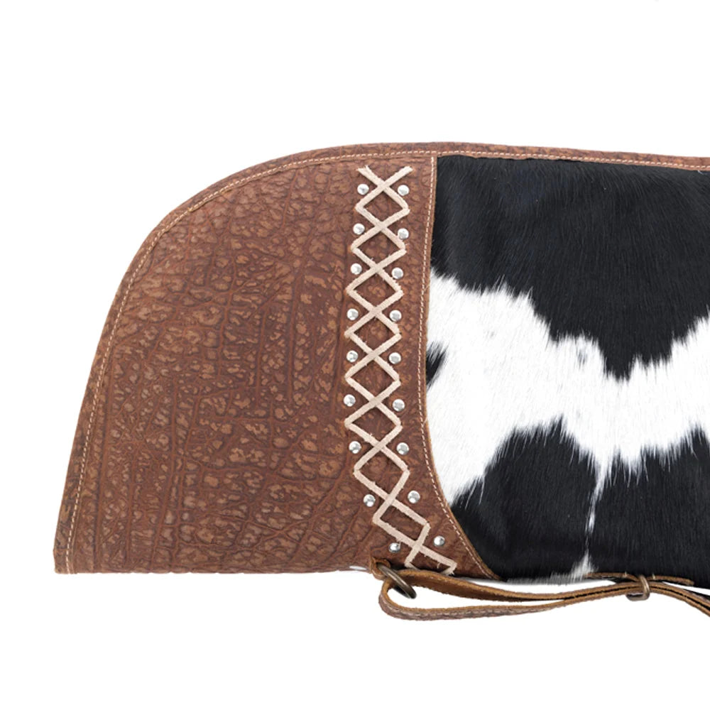 Close-up of Myra Range Crest Hairon Gun Case in Frost with brown leather and Western stitched detailing