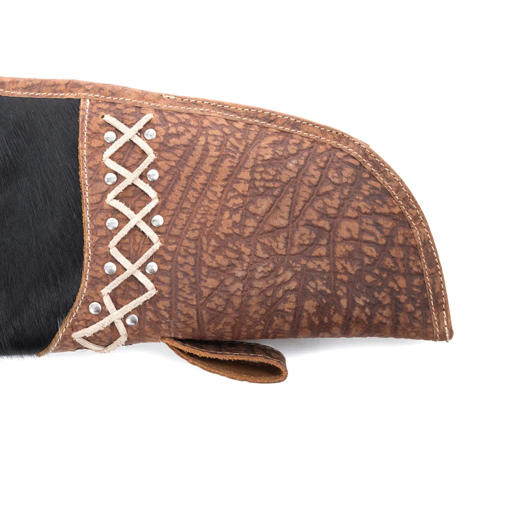 Myra Range Crest Hairon Gun Case S-14326 featuring brown leather trim and decorative Western stitching
