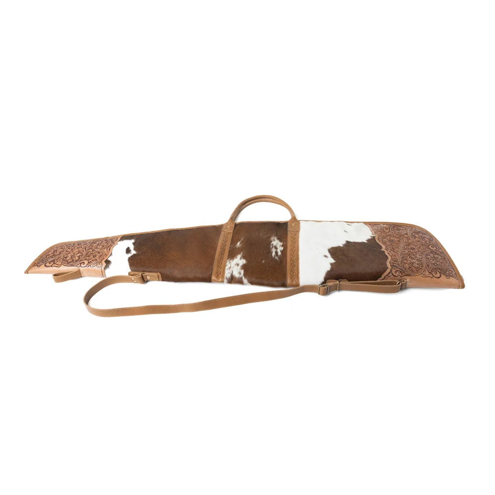 Myra Redstone Divide hair-on leather gun case S-14663 with carrying handle and shoulder strap