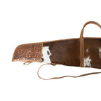 Myra Redstone Divide 52-inch gun case featuring Western hand-tooled leather and natural hair-on hide