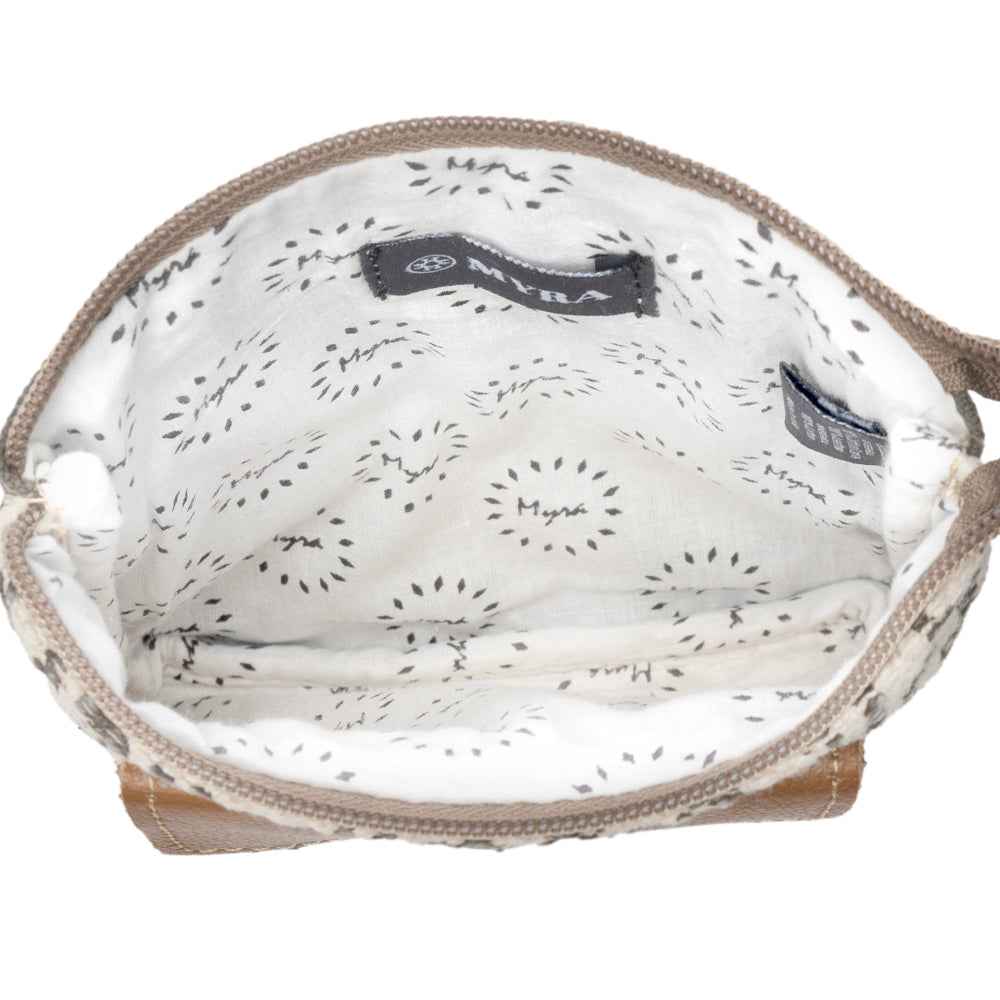 Interior of Myra Vuierra Rivet crossbody bag with patterned cotton lining