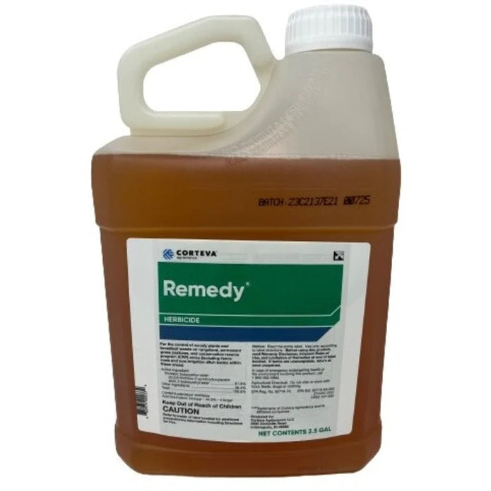 Remedy herbicide 2.5-gallon jug with white cap and green product label