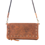 Myra Yellowstone Amber Palisade leather clutch with adjustable shoulder strap