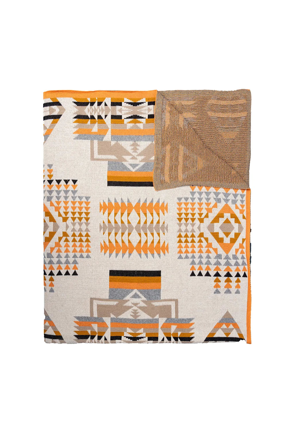 Throw blanket with orange, gray, black, and cream geometric patterns and a corner showing the tan reverse.