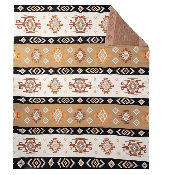 Throw blanket with alternating cream, tan, and black bands of geometric diamond and star patterns.