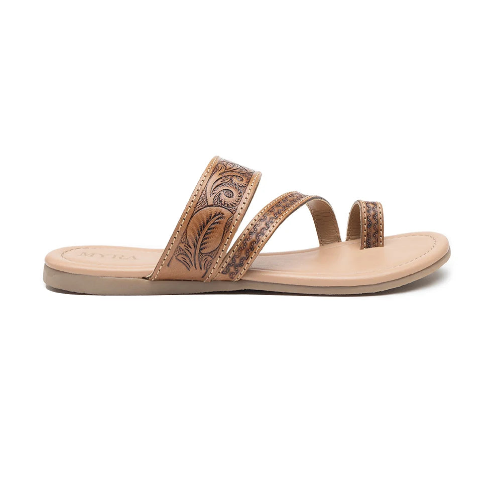 Side view of Myra Point Ridge tan leather sandal showing tooled straps, toe loop, and flat sole.