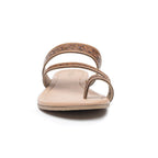 Front view of Myra Point Ridge tan leather sandal showing floral tooling, diagonal strap, and toe loop.
