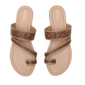 Pair of Myra Point Ridge tan leather sandals with floral hand-tooled straps and toe loops, viewed from above.